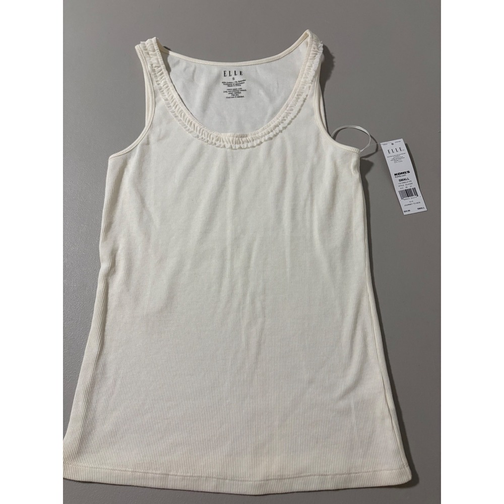 ELLE Cream Ribbed Tank‎ Top Ruffle Neck Sleeveless Basic Layering Top Small